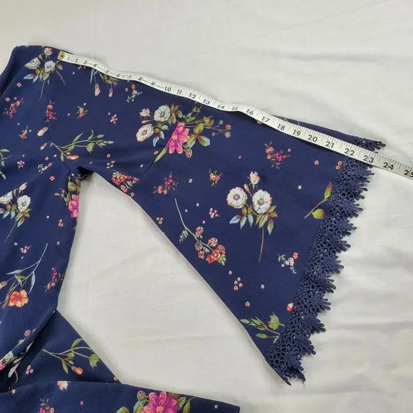 Moa Moa Dress Women Plus 2X Navy Blue Floral Bell Sleeve Lace Trim Lined Boho - Picture 13 of 13